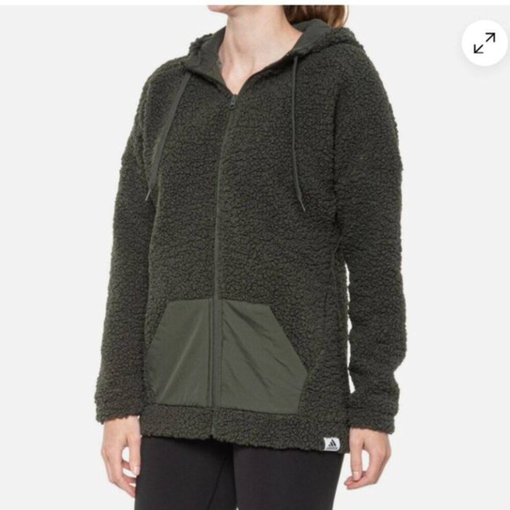 ADIDAS Olive Green High-pile Sherpa Fleece Hoodie Full Zip Jacket Size M